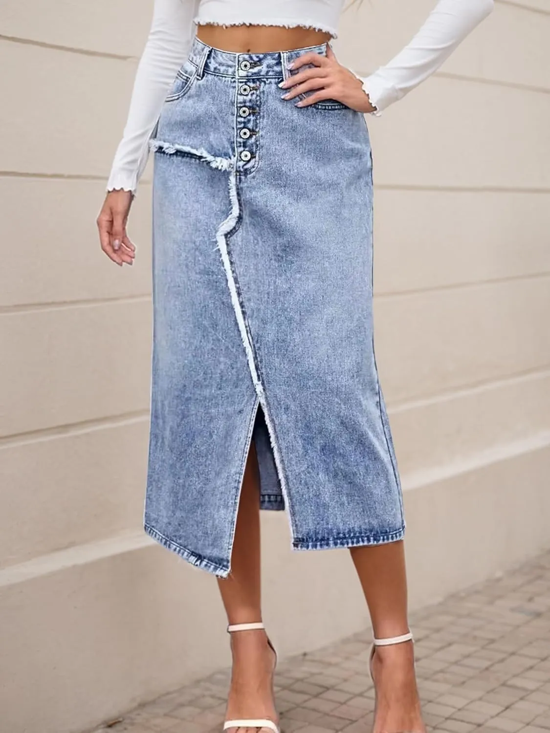 Womens High Waisted Long Denim Skirt Stretchy Bodycon Denim Skirts Trendy Patchwork Back Slit Jean Pencil Skirt