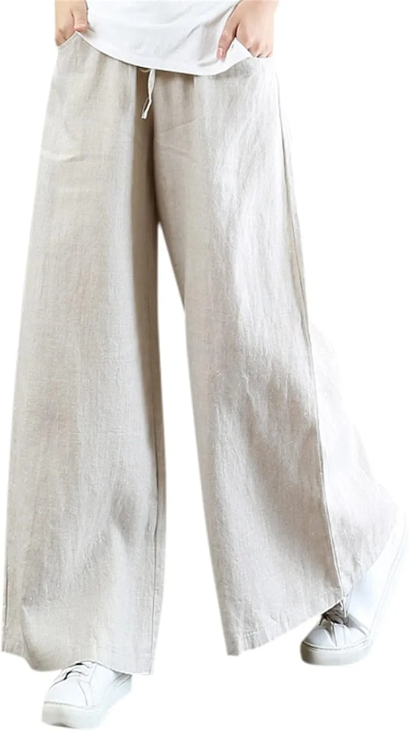 Women's Linen Summer Fashion Pant Trousers Low Waist Wide Leg Slim-Fit Palazzo Lounge Pants Work Business