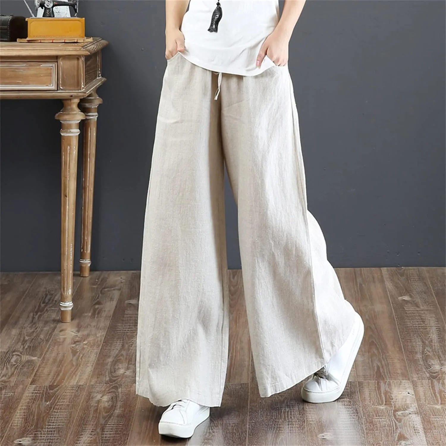 Women's Linen Summer Fashion Pant Trousers Low Waist Wide Leg Slim-Fit Palazzo Lounge Pants Work Business