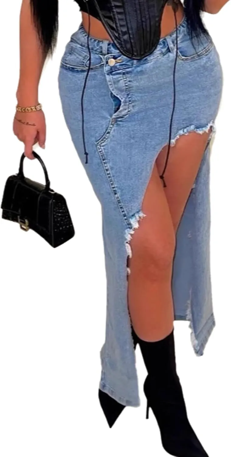 Womens Ripped Long Denim Skirt High Waisted Bodycon Stretch Denim Skirts Trendy Slit Raw Hem Jean Pencil Skirt