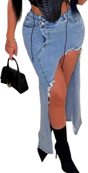 Womens Ripped Long Denim Skirt High Waisted Bodycon Stretch Denim Skirts Trendy Slit Raw Hem Jean Pencil Skirt
