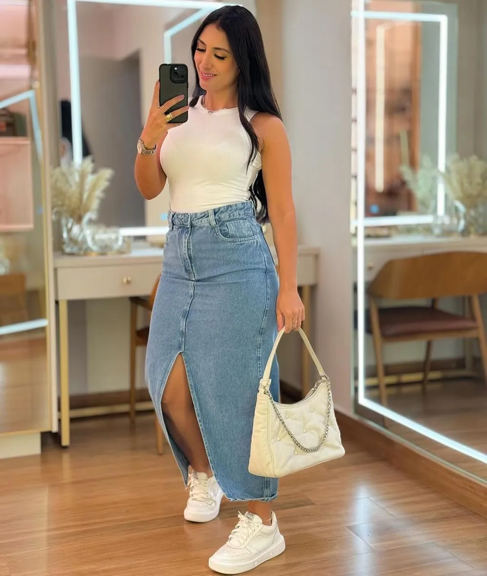 Women's Skirt Y2k Denim Skirt High Waisted Slit Skirt Streetwear Trendy Clothing