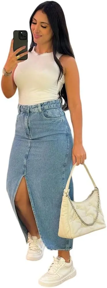 Women's Skirt Y2k Denim Skirt High Waisted Slit Skirt Streetwear Trendy Clothing