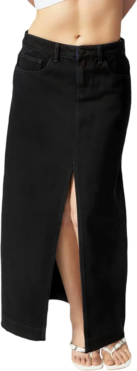 Womens Split High Waist Cargo Denim Midi Skirt Casual A-Line Jean Long Skirts Y2k Summer Solid Workwear Skirt