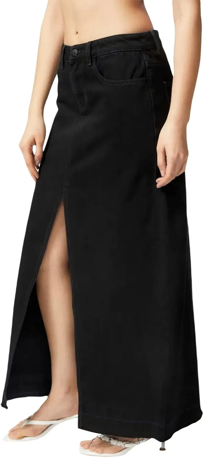 Womens Split High Waist Cargo Denim Midi Skirt Casual A-Line Jean Long Skirts Y2k Summer Solid Workwear Skirt