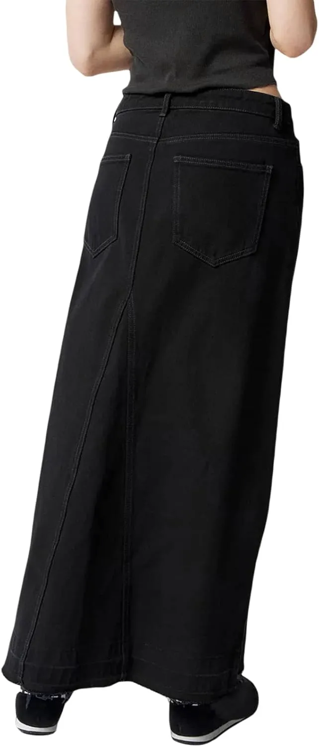 Womens Split High Waist Cargo Denim Midi Skirt Casual A-Line Jean Long Skirts Y2k Summer Solid Workwear Skirt
