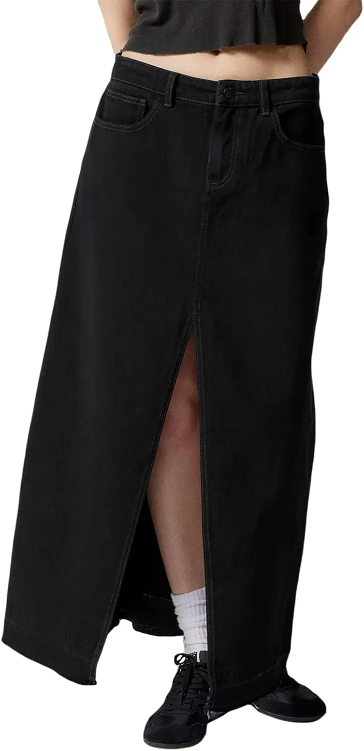 Womens Split High Waist Cargo Denim Midi Skirt Casual A-Line Jean Long Skirts Y2k Summer Solid Workwear Skirt