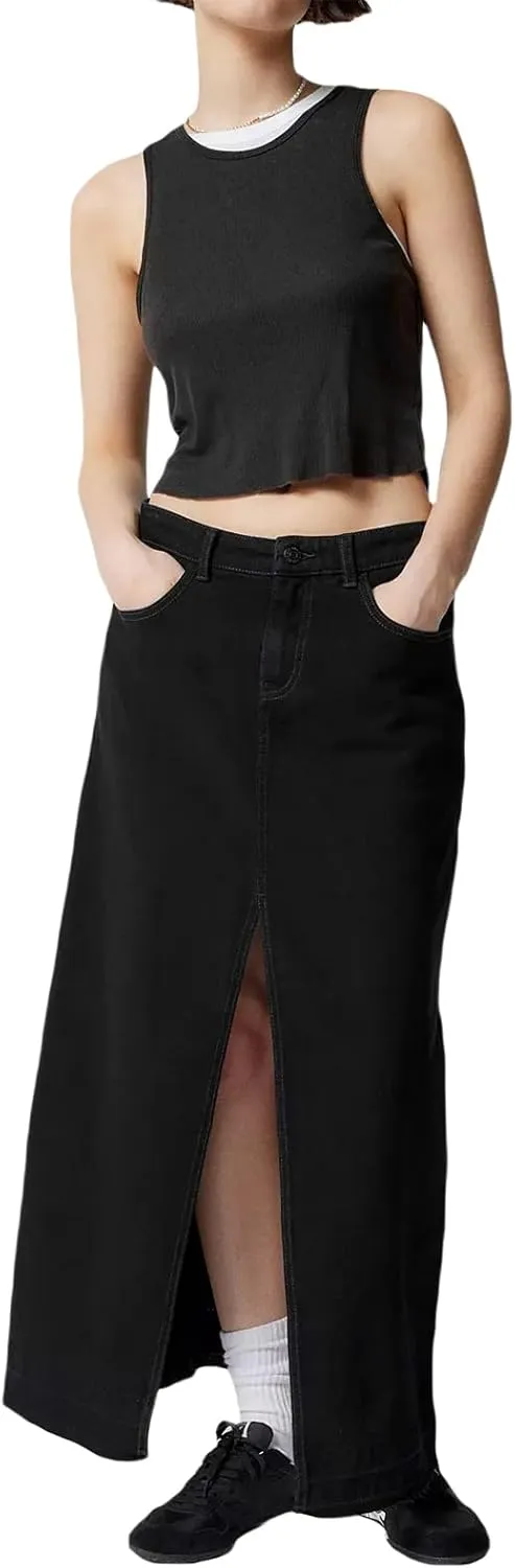 Womens Split High Waist Cargo Denim Midi Skirt Casual A-Line Jean Long Skirts Y2k Summer Solid Workwear Skirt