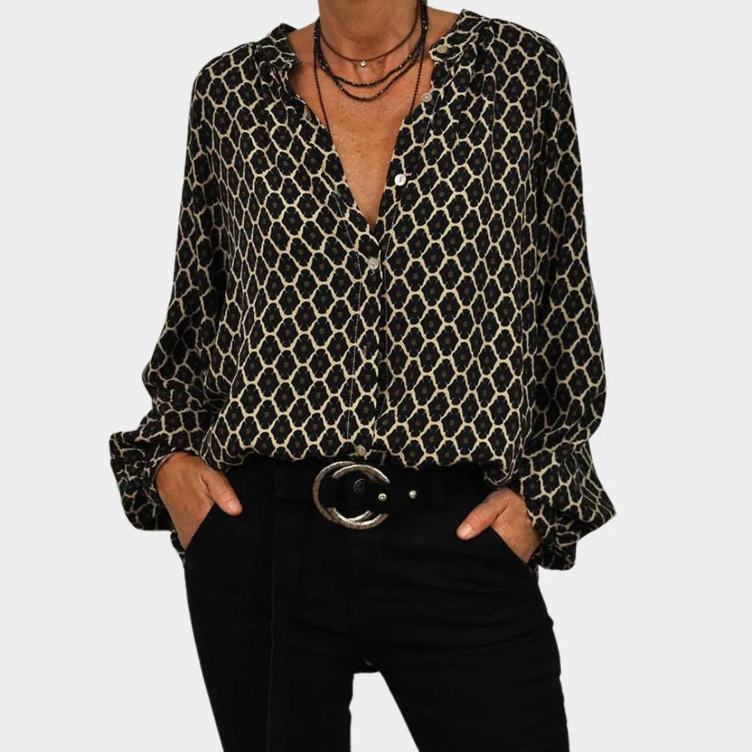 Women's V-Neck Blouse  Long Sleeve  Geometric Print  Loose Fit  Office & Casual Wear  Multiple Colours