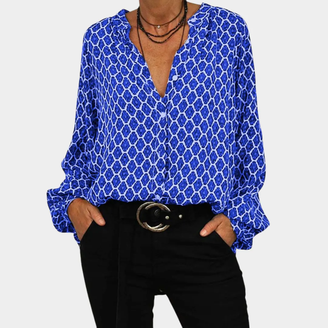 Women's V-Neck Blouse  Long Sleeve  Geometric Print  Loose Fit  Office & Casual Wear  Multiple Colours