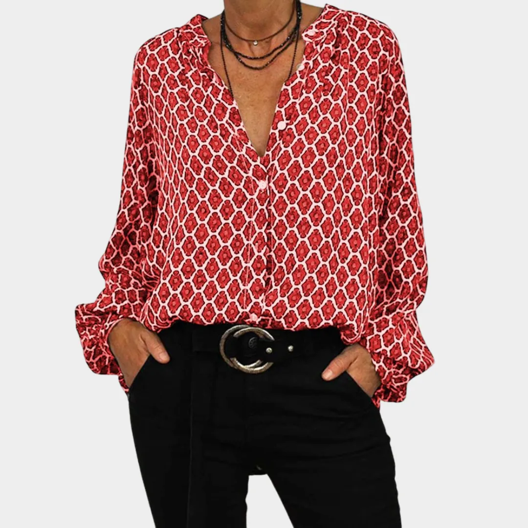 Women's V-Neck Blouse  Long Sleeve  Geometric Print  Loose Fit  Office & Casual Wear  Multiple Colours